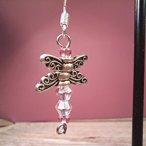 Silver-Toned Dragonfly Dangle Earrings with Pink Crystal Beads - Picture 9 of 11